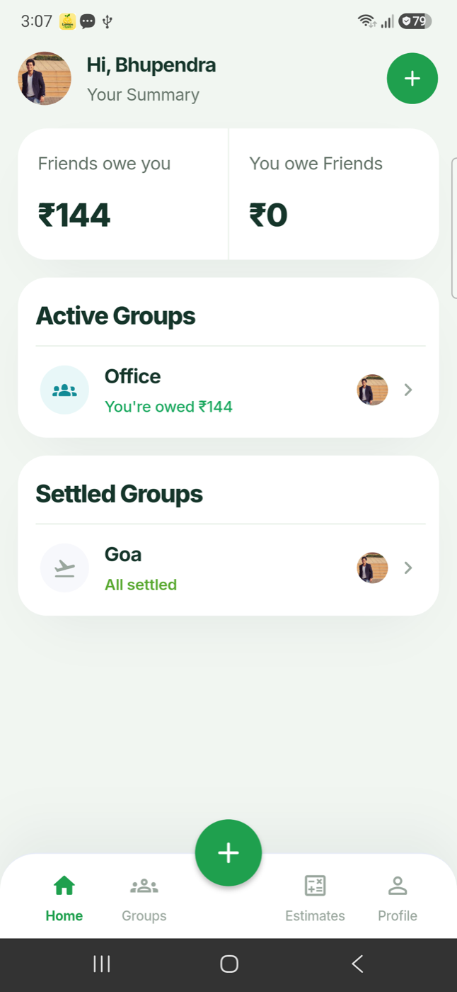 Lemon Split home screen showing group balances