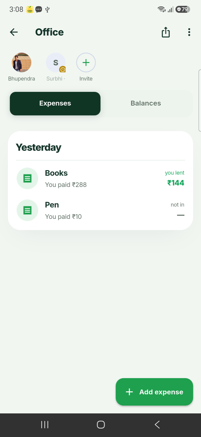 A group's expense list in Lemon Split
